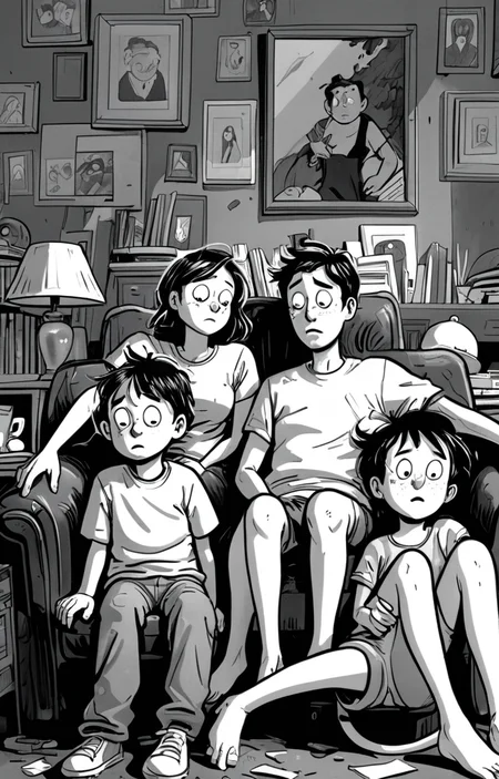 masterpiece,best quality,<lora:tbh373-sdxl:0.6>,illustration,style of exhausted people ,greyscale and white,comic portrait of family