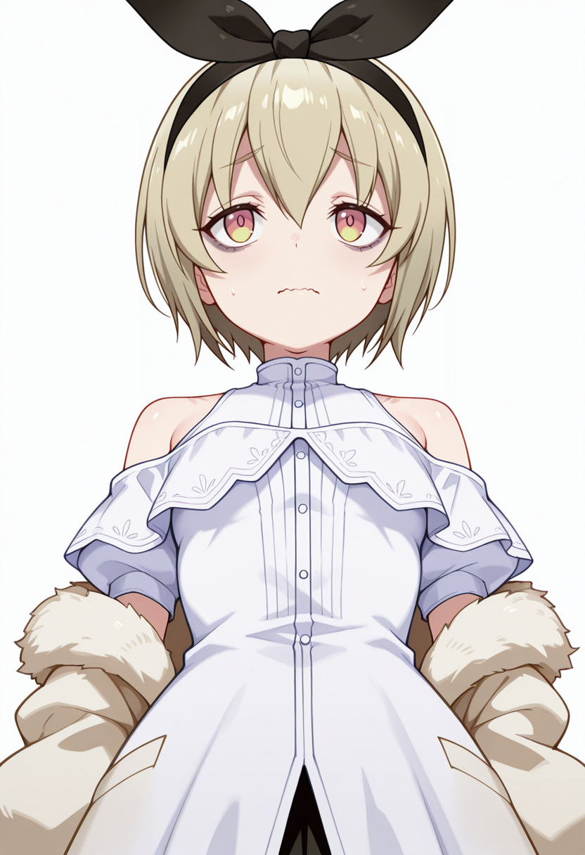 Smooth Quality,masterpiece,very intricate, high quality details, ultra realistic, high detailed skin,detailed enviorement,absurdres,
\n/,
 <lora:Pekora_CNR:0.8> pekora_cnr, 1girl, blonde hair, short hair, bangs, yellow eyes, multicolored eyes, shiny hair black hairband,bags under eyes,, wavy mouth,, simple background, white background, from below,solo,, off-shoulder blouse,  ,fur coat, ,flared skirt,  ,