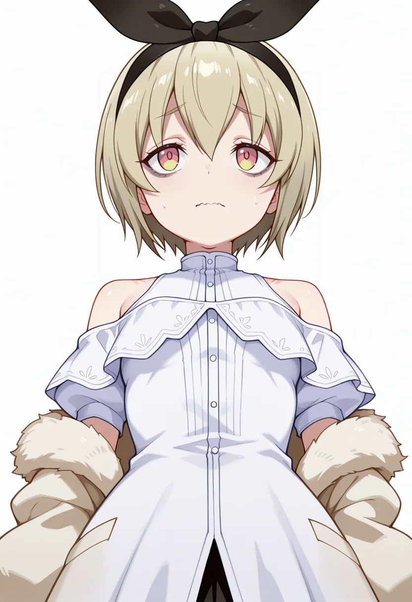 Smooth Quality,masterpiece,very intricate, high quality details, ultra realistic, high detailed skin,detailed enviorement,absurdres,
\n/,
<lora:Pekora_CNR:0.8> pekora_cnr, 1girl, blonde hair, short hair, bangs, yellow eyes, multicolored eyes, shiny hair black hairband,bags under eyes,, wavy mouth,, simple background, white background, from below,solo,, off-shoulder blouse, ,fur coat, ,flared skirt, ,