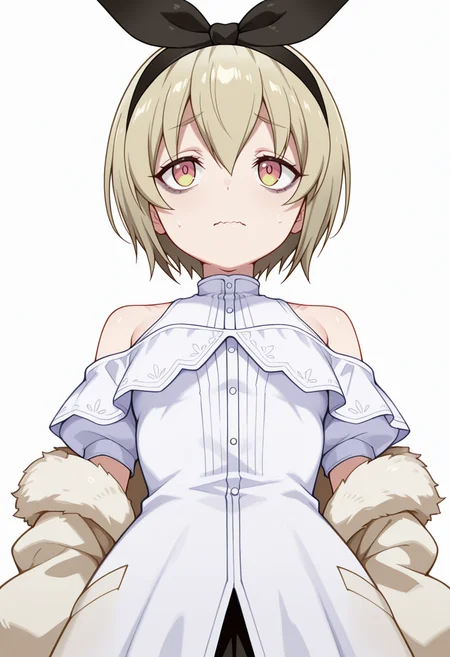 Smooth Quality,masterpiece,very intricate, high quality details, ultra realistic, high detailed skin,detailed enviorement,absurdres,
\n/,
<lora:Pekora_CNR:0.8> pekora_cnr, 1girl, blonde hair, short hair, bangs, yellow eyes, multicolored eyes, shiny hair black hairband,bags under eyes,, wavy mouth,, simple background, white background, from below,solo,, off-shoulder blouse, ,fur coat, ,flared skirt, ,
