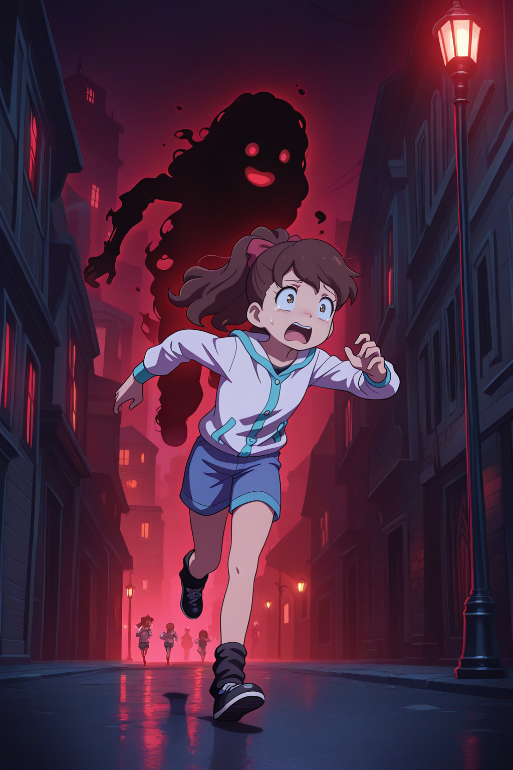 masterpiece, best quality, amazing quality, absurdres, kodamafumika, brown hair, high ponytail, solo, scared, panicking, running, white jacket, blue shorts, black ankle warmers, black shoes, outdoors, night, dark atmosphere, red lighting, ghosts, demons, city, dark alleyway, lamppost
