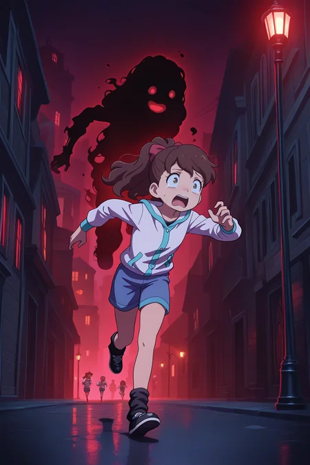 masterpiece, best quality, amazing quality, absurdres, kodamafumika, brown hair, high ponytail, solo, scared, panicking, running, white jacket, blue shorts, black ankle warmers, black shoes, outdoors, night, dark atmosphere, red lighting, ghosts, demons, city, dark alleyway, lamppost