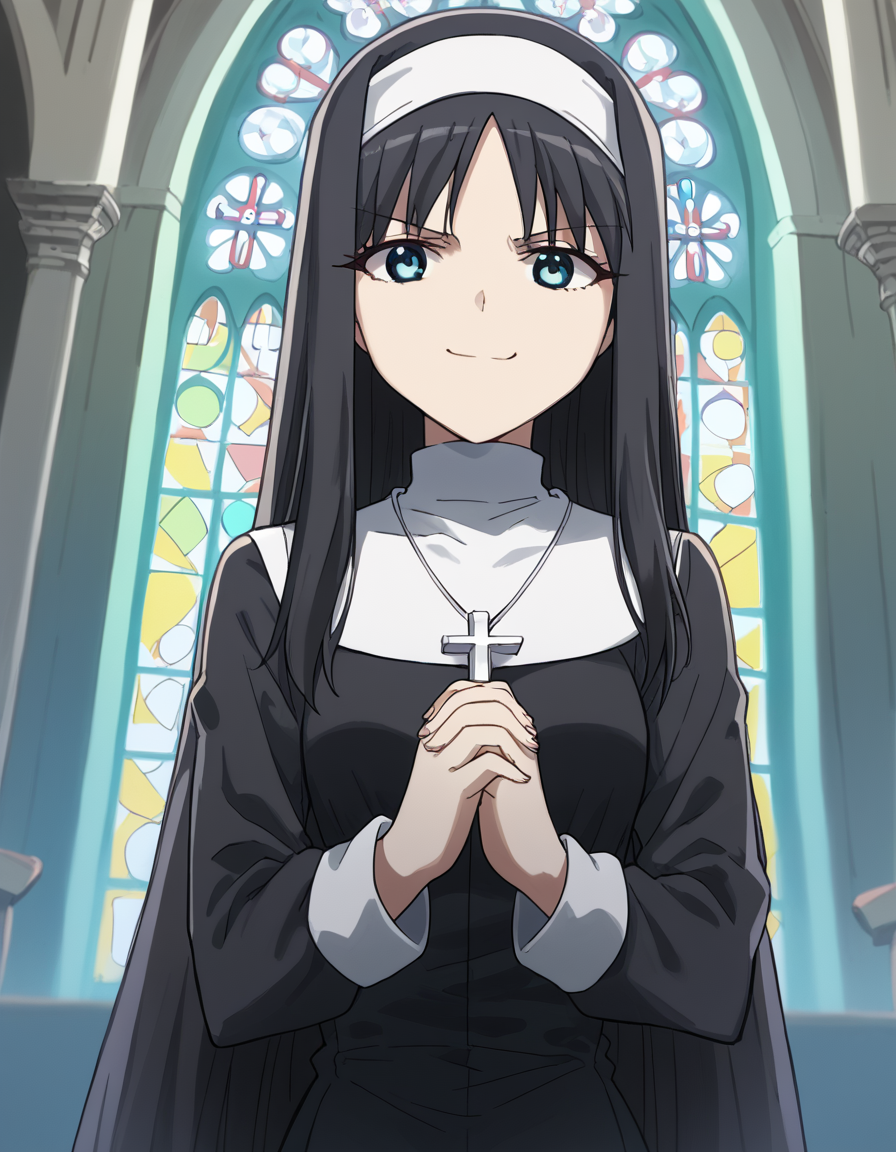 score_9, score_8_up, score_7_up, source_anime, <lora:carnivalphantasm-akiha-toono-ova-ponyxl-lora-nochekaiser:1>, akiha toono, tohno akiha, long hair, blue eyes, black hair, hairband, white hairband, medium breasts,, <lora:traditional-nun-ponyxl-lora-nochekaiser:1>, traditional nun, nun, habit, long sleeves, dress, black dress, jewelry, black veil, cross, cross necklace,, church, smug, praying,, , dutch angle, cowboy shot