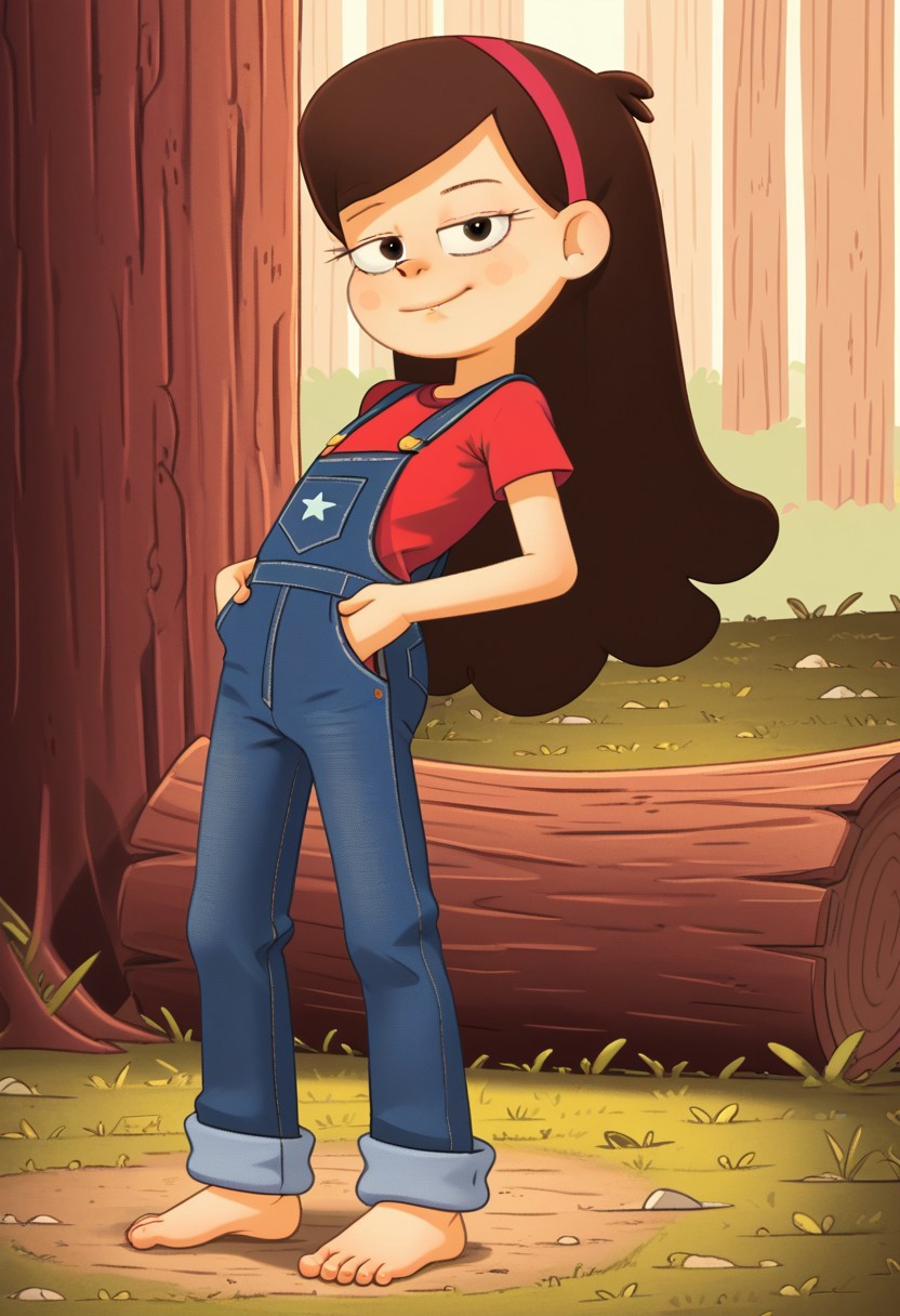 Well drawn, bold outline,
2d, vector, line, detailed, perfect hands,
gravity falls, mabel pines,
Long hair, brown hair, pink hairband, 
Shorty, skinny, undersized, thin, petite, flat chested, 
Half closed eyes,
brown eyes, eyelashes, snake eyes. 
Fit brawny body,
Muscular, 
denim overalls,
red sports top.,
barefoot, on tiptoes, parted legs, shacking ass dance,