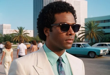 MiamiVice, Rico Tubbs, outdoors, shades, sunny, highly detailed, 4K, (stylish grainy analog 35mm film photo)