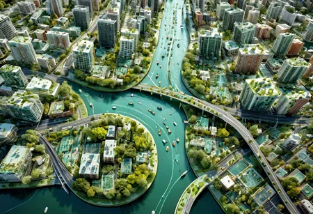 artaitwn, overhead view of downtown. Green zone planning project, illustrated, perfect, cute, water effects, highways. Bridges