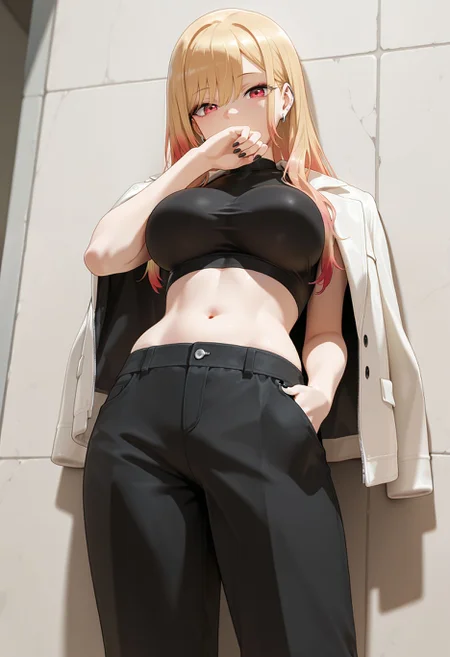 masterpiece,best quality,amazing quality, 1girl, jacket on shoulders, blonde hair, navel, long hair, large breasts, black pants, kitagawa marin, looking at viewer, midriff, black shirt, hand in pocket, multicolored hair, crop top, gradient hair, red eyes, standing, covering own mouth, nail polish, white jacket, black nails, colored tips, stomach, taut shirt, pink hair, covered mouth, hair between eyes, open jacket, open clothes, sleeveless shirt, taut clothes, leaning back, red hair, against wall, ear piercing, jewelry, hand up, cropped shirt