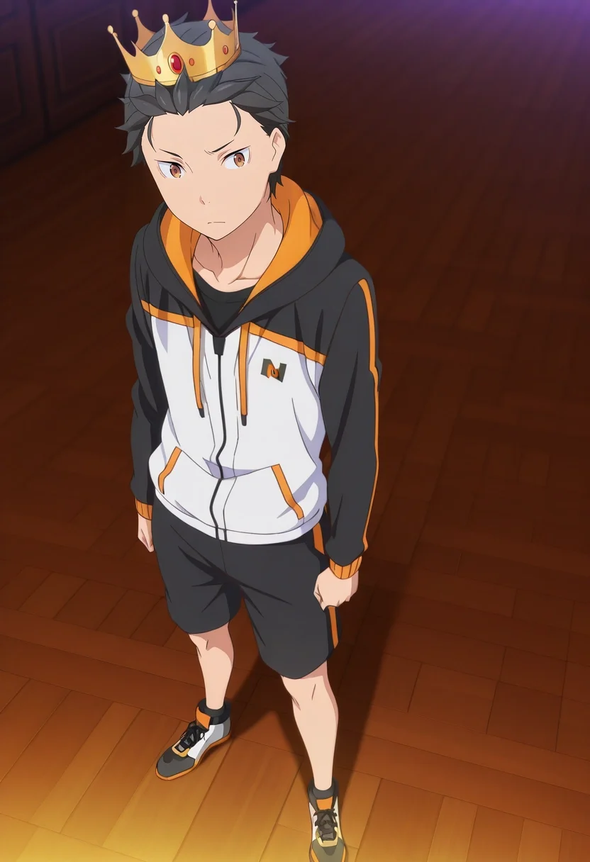 masterpiece, best quality, , anime screencap, anime coloring, , , 1boy, solo, male focus, <lora:subaru_natsuki_ilxl:0.94>, subaru_natsuki, black hair, brown eyes, short hair, natsuki subaru, hair slicked back, , , Sweatshorts, Hoodie, Athletic shoes, Crown,
