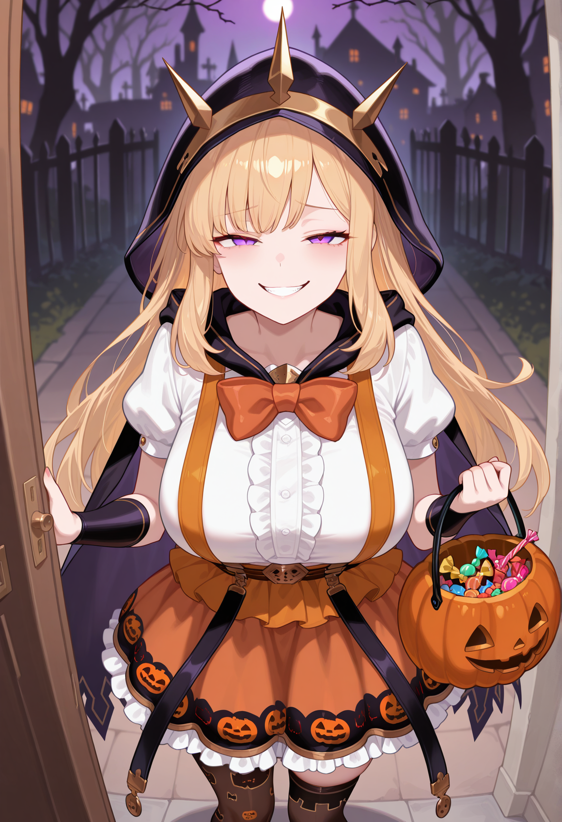 big breasts, 1girl, blonde hair, long hair, evil smile, grin, purple eyes, hood, hood up, cloak, white blouse, puffy sleeves, orange skirt, bowtie, suspenders, pumpkin print, asymmetrical legwear, pantyhose, outdoors, cirty, doorway, halloween, holding halloween bucket, candy, evi smile, looking at viewer, half-closed eyes,   <lora:Cagliostro_illus:1>, masterpiece, best quality, amazing quality, very aesthetic, absurdres, highres, newest