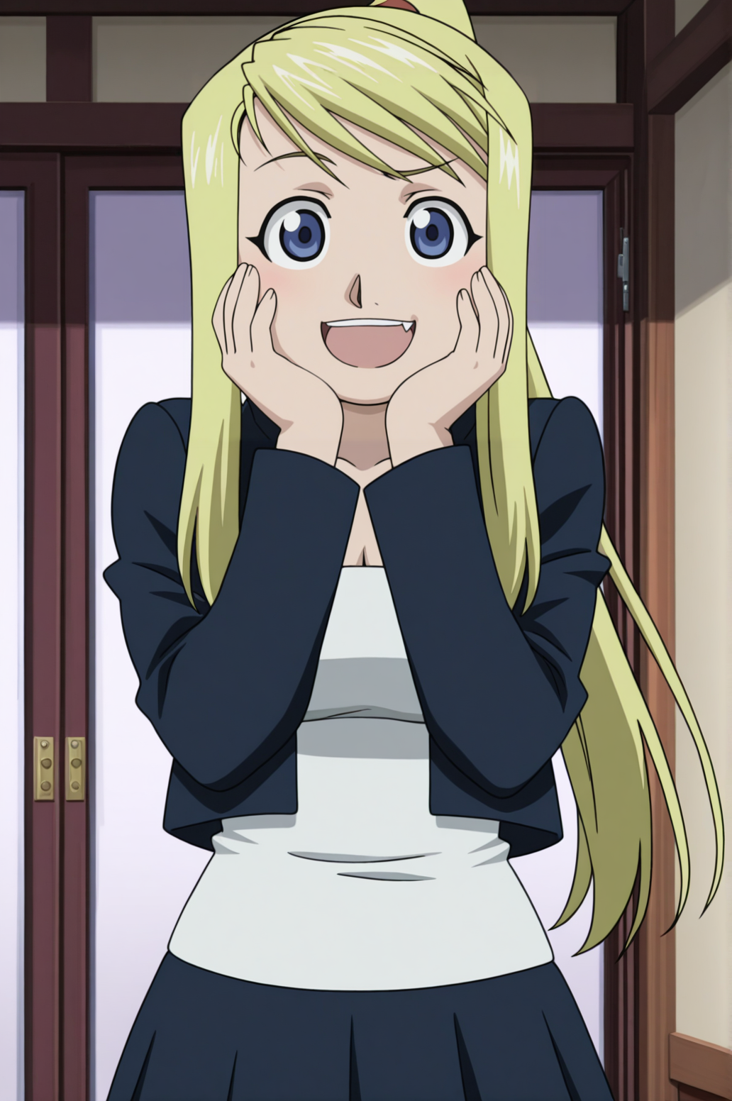 masterpiece, best quality, absurdres, highres, very aesthetic, very awa, BREAK, anime coloring, anime screencap,
<lora:winry_rockbell_v1-illustrious:1>, 1girl, winry rockbell, fullmetal alchemist, blue eyes, blonde hair, ponytail, 
winout, black skirt, shirt, cropped jacket, 
BREAK, looking at viewer,  smile, large open mouth, fang, upper teeth, spread hands own cheeks, raised eyebrow,
BREAK,