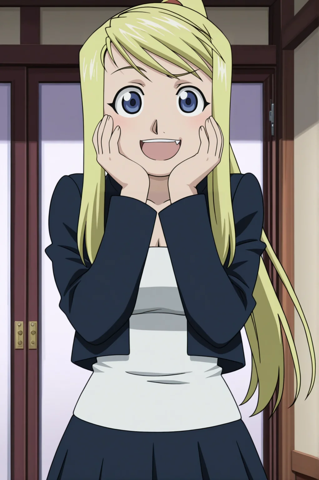 masterpiece, best quality, absurdres, highres, very aesthetic, very awa, BREAK, anime coloring, anime screencap,
<lora:winry_rockbell_v1-illustrious:1>, 1girl, winry rockbell, fullmetal alchemist, blue eyes, blonde hair, ponytail,
winout, black skirt, shirt, cropped jacket,
BREAK, looking at viewer, smile, large open mouth, fang, upper teeth, spread hands own cheeks, raised eyebrow,
BREAK,