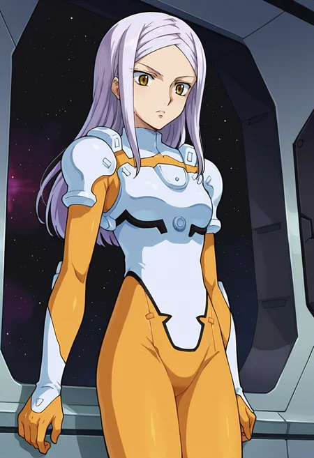 score_9,score_8_up,score_7_up,score_6_up,score_5_up,score_4_up,anime coloring BREAK source_anime,anime,<lora:Soma_Peries_Gundam_00_Pony:0.8>,somas1,1girl,solo,yellow eyes,white hair,long hair,braided bangs,young,yellow pilot suit,leaning_back,spacecraft,window,space,