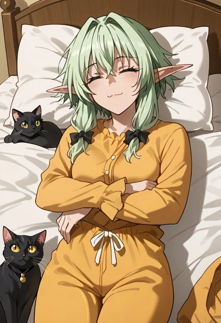 score_9, score_8_up, score_7_up, score_6_up, score_5_up, score_4_up, BREAK, girl focus, source_anime, 1girl, perfect eyes, perfect hands, big irises, negative_hand, BREAK, High_Elf_Archer_(Goblin_Slayer!), green_eyes, green_hair, short_hair_with_long_locks, small_breasts, pointy_ears, BREAK, hair_bow, BREAK, bedroom, bed, in bed, sleeping, eyes closed, snoring, peacefully, pajamas, pajama pants, (cat:1.6), cute cat, cuddling with cat, cat face, :3, relaxed, joy, happy,