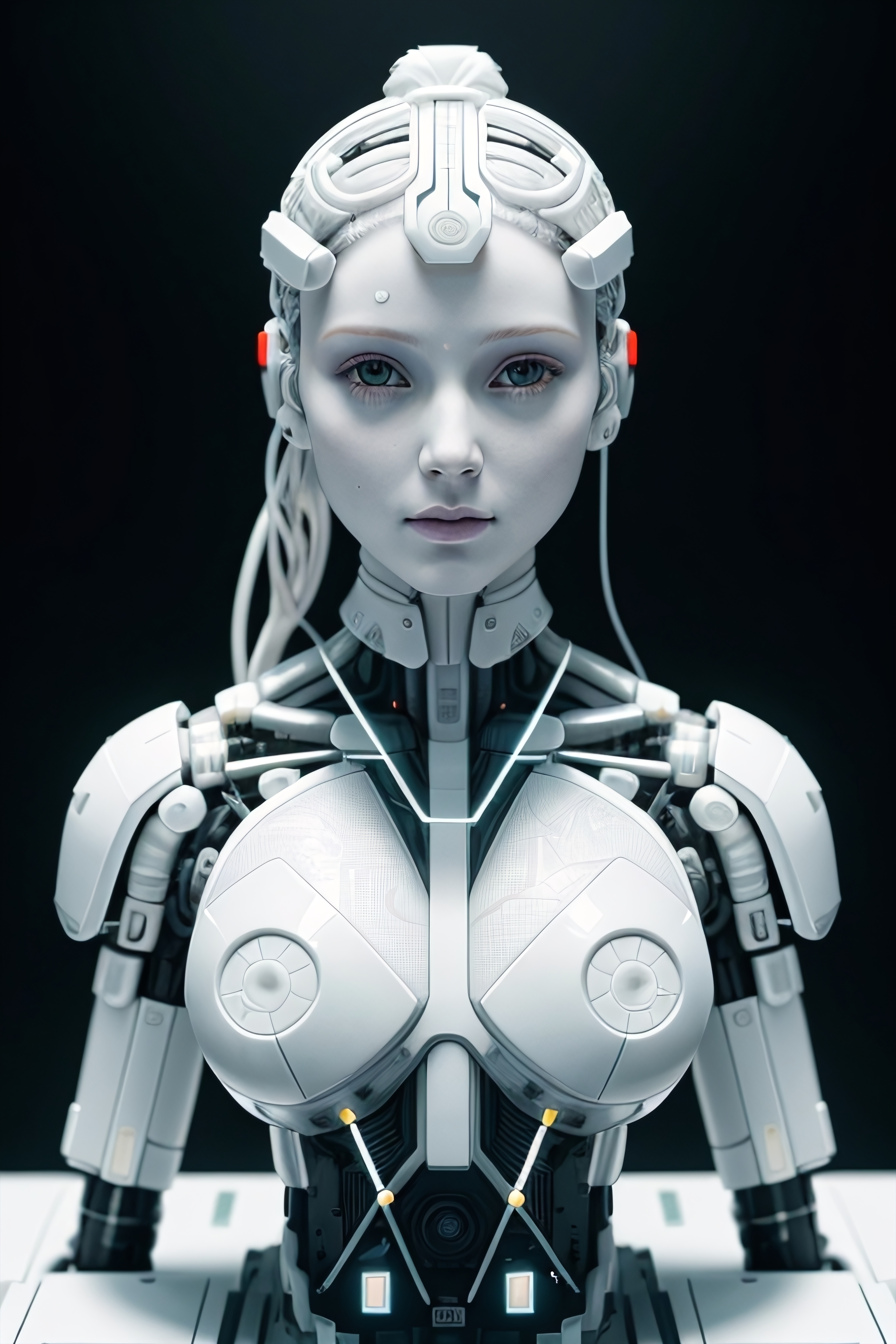 electronic system on head humanoid |cyborg woman| with a visible detailed brain| with a visible detailed heart| muscles cable wires| biopunk| cybernetic| cyberpunk| white marble bust| canon m50| 100mm| sharp focus| smooth| hyperrealism| highly detailed| intricate details| carved by michelangelo