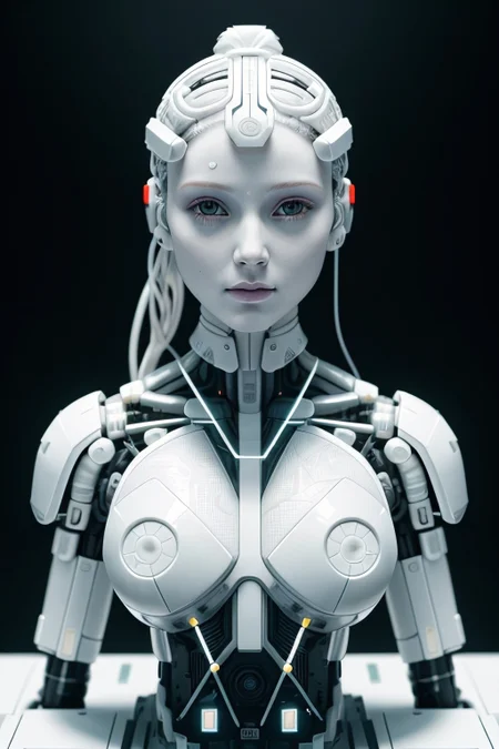 electronic system on head humanoid |cyborg woman| with a visible detailed brain| with a visible detailed heart| muscles cable wires| biopunk| cybernetic| cyberpunk| white marble bust| canon m50| 100mm| sharp focus| smooth| hyperrealism| highly detailed| intricate details| carved by michelangelo