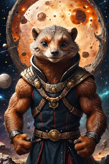 Detailed digital portrait of an anthro Mongoose (Stretching arms out, open stance) at a Inhabited asteroid belt as galactic neutral zone, <lora:xl_more_art-full_v1:0.5>, <lora:The_Crazy_Style:0.7> <lora:anthro_muscular:0.7>
