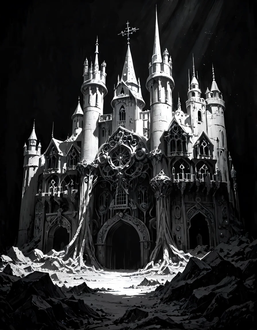 score_9, score_8_up, score_7_up, mm-style,monochrome,black background, ((Punishing Thunder)), a dreamy fantasy big castle in the style of digital painting , Rim Lighting/Backlighting and Rembrandt Lighting Monochromatic and high contrast and Double Exposure and Emboss Effect , , hard borders Brian Froud ,, <lora:Monochrome_Monsters_Pony:0.8>