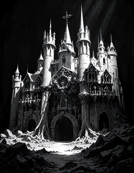 score_9, score_8_up, score_7_up, mm-style,monochrome,black background, ((Punishing Thunder)), a dreamy fantasy big castle in the style of digital painting , Rim Lighting/Backlighting and Rembrandt Lighting Monochromatic and high contrast and Double Exposure and Emboss Effect , , hard borders Brian Froud ,, <lora:Monochrome_Monsters_Pony:0.8>