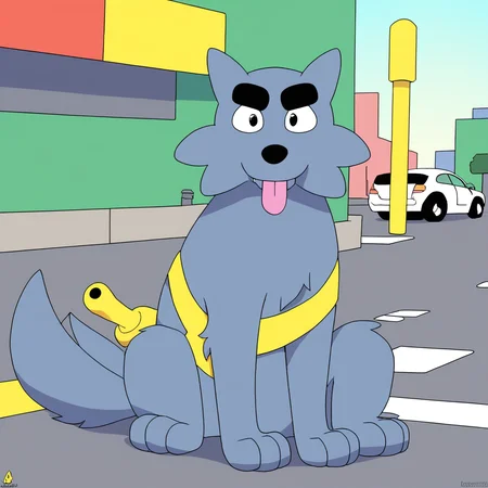 score_9, score_8_up, score_8, furry, wolf, Lazor Wulf, thick black eyebrows, grey fur, grey body, cartoon style, smooth lines, countershading, soft shading, 2d, extreme detail, 4K, high definition, high resolution, feral, sitting, tongue out, looking at viewer, sitting on street, outside