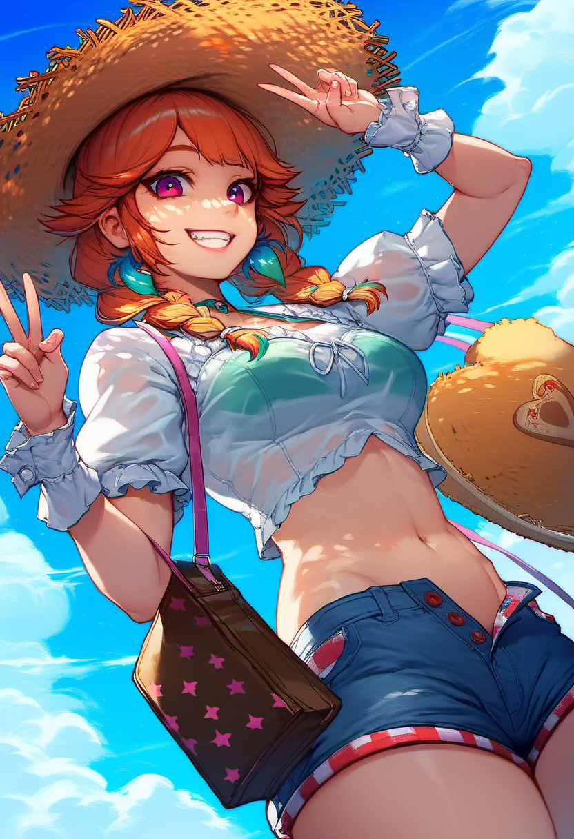 zPDXL, score_9, score_8_up, score_7_up, score_6_up, score_5_up, score_4_up, BREAK  <lora:Takanashi_Kiara_all_outfitsPonyXL:0.8>, kiara_casual, 1girl, solo, hat, smile, navel, straw hat, twin braids, looking at viewer, bag, open fly, blue shorts, v, grin, midriff, see-through, denim shorts, medium breasts, white shirt, cowboy shot, sky, denim, blue sky, stomach, wrist cuffs, short sleeves, sun hat, day, from below, crop top