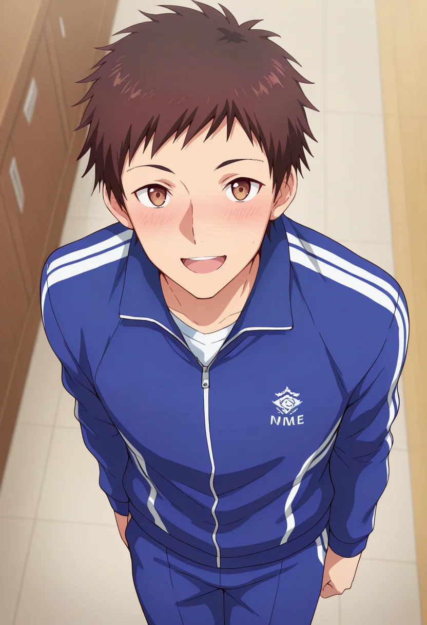 masterpiece, best quality, amazing quality,high resolution, intricate details,official style,anime screencap , , , 1boy, solo, male focus, <lora:Takeda:0.85>,takeda,brown hair,short hair,brown eyes,looking at viewer,track suit,white shirt,blue suit,smile,open mouth,blush,from above