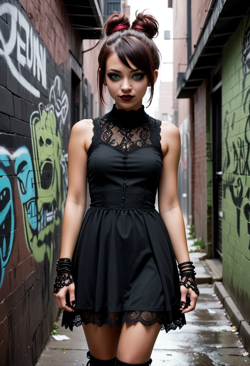 (medium full shot) of (alternative emo girl) young woman, slender build, medium brown bun hair, native american, tan skin, light green eyes, wearing a black layered dress with lace accents , creepers, dark red lipstick, smoky eyeshadow, heavy eyeliner, fingerless gloves studded bracelet, set in  an edgy alley, with street art, narrow path, hidden spots, and urban clutter, during a storm, woman smiling, detailed face, ,Masterpiece,best quality, photo, realistic, very aesthetic