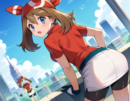 score_9, score_8_up, score_7_up, source_anime,
pokemonmay, <lora:pokemon-may-ponyxl-lora-nochekaiser:1>
pokemonmay, blue eyes, brown hair, bandana, long hair, red bandana, twintails, hair between eyes,
bike shorts, collared shirt, gloves, microskirt, multicolored shirt, pencil skirt, red shirt, shirt, short sleeves, skirt, white skirt,
outdoors, cityscape, bent over,
looking at viewer, cowboy shot, dutch angle,