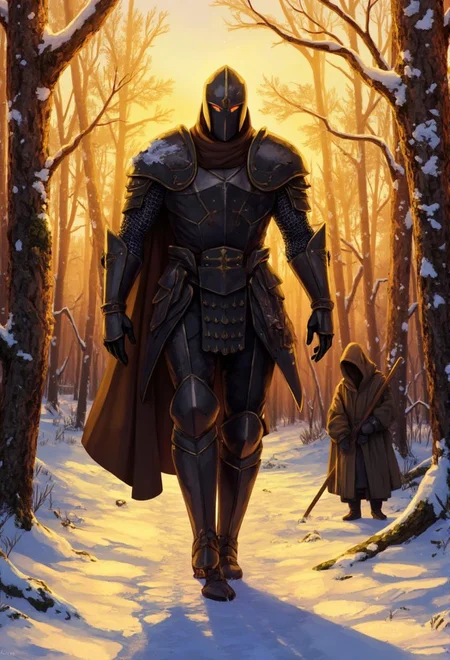 <lora:ck-LttleGhost-000011.safetensors:1> in the style of ck-lttlegh0stA towering, dark-armored warrior strides through a serene winter forest bathed in golden sunrise light, accompanied by a hooded figure carrying a wooden staff. The low camera angle emphasizes the knight's grandeur and creates long shadows on the snow-covered path.