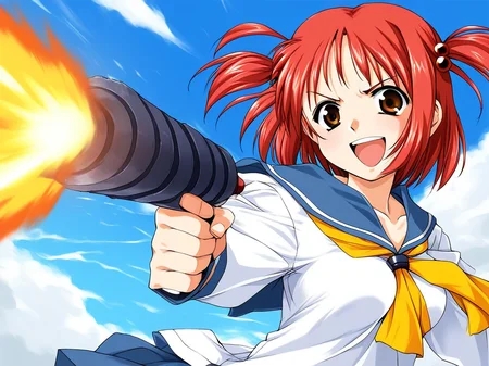 score_9, score_8_up, score_7_up, source_anime, rating_explicit, BREAK  <lora:Megumi_Ver2.0_XL:0.9> Megumi, red hair, short hair, hair bobbles, brown eyes, hair ornament, two side up, twintails, breasts,
1girl, solo, weapon, bazooka,  school uniform, red hair, short hair, firing, serafuku, open mouth, brown eyes, smile
outdoor, day,