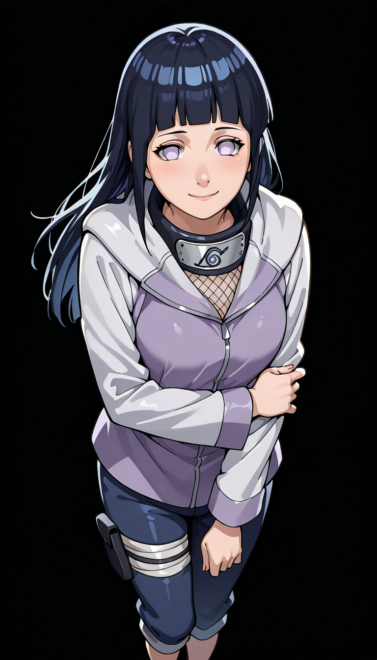 from above, hinata1x, villageoutfit, holding arm, smile, black background <lora:Hinata_ILL:1>
