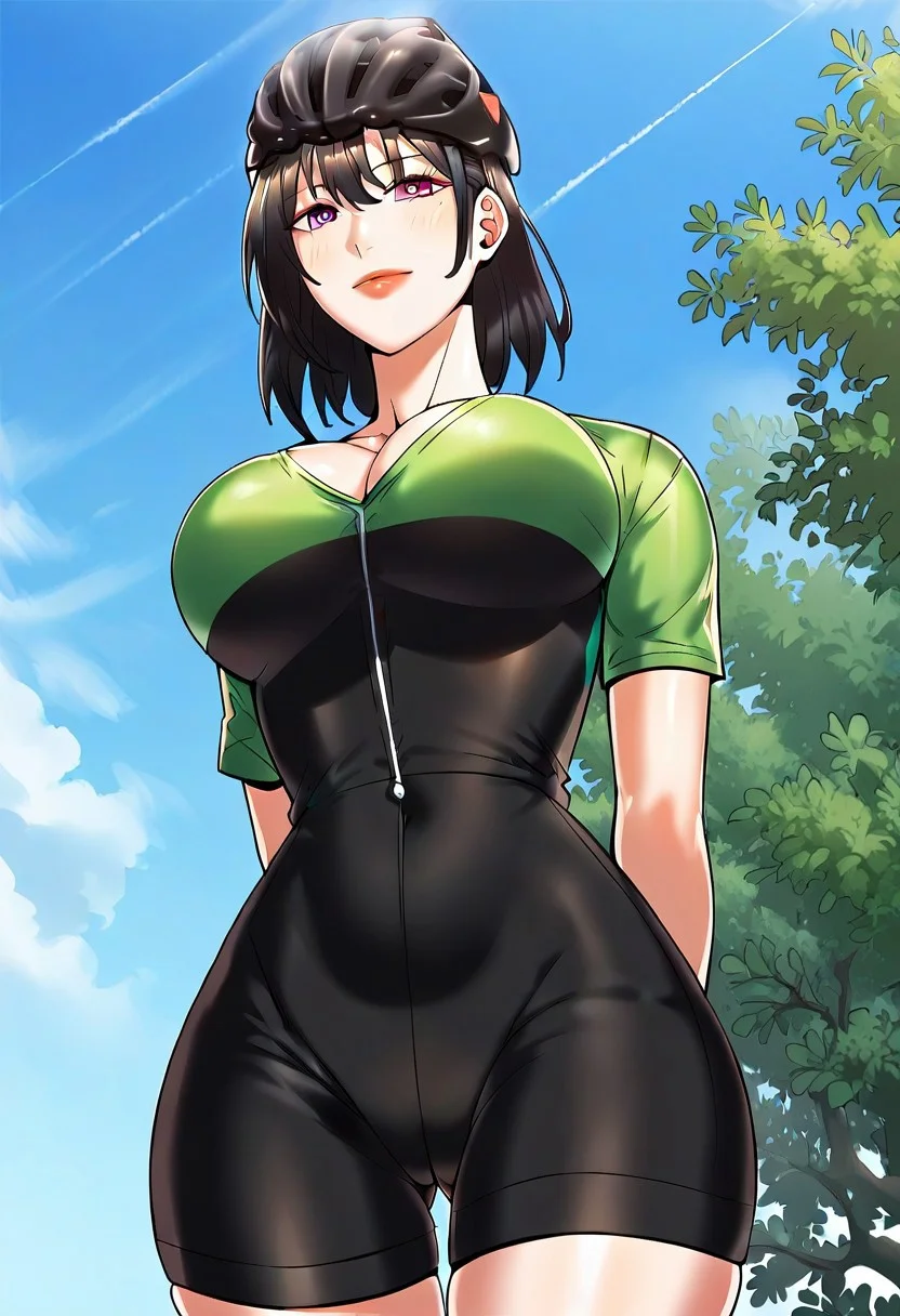 score_9, score_8_up, score_7_up, ASCII masterpiece, source_anime, BREAK, 1girl, solo, (( <lora:se-young:1> , se-young, thin waist, wide hips, beautiful skin, beautiful purple eyes, clear eyes, bright pupils, beautiful eyes, beautiful dark brown hair, beautiful medium bob haircut, bangs, huge and shaggy breasts, natural beauty, extraordinary beautiful woman, attractive woman, super sexy woman, lustful body, sexy woman with seductive obscene body, sensual body, voluptuous body, sexy beauty, no piercings, no piercing, )), (((short-sleeves green cycling top with black print, black cycling shorts, )) , black cycling helmet, closed mouth, sexy pose, seducative smile, outside, mountain, looking at viewer, horny, seductive, hands behind back, standing, from below, cowboy shot, front view, closing up, leans forward, huge cleavage,
