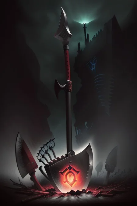 "Masterpiece, highest quality, (Shovel-Axe hybrid:1.3) with (glowing runes:1.2) etched on the blades, intricate design, (dark wood handle:1.1), rare magical weapon, detailed craftsmanship, (eerie aura:1.2), professional photography, by Annie Leibovitz, soft lighting, high contrast, vivid colors, (graveyard background:1.0), misty atmosphere, enchanting glow."
