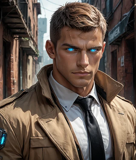 score_8_up, score_7_up, 1boy, solo, gay, yaoi, ArsMovieStill, 80s Fantasy Movie Still, tanned, chiseled featured, handsome, light brown hair, crew cut, neon blue eyes, bara, masculine, muscular, dark alley background, male focus, jacob312, ((glowing eyes, light blue eyes)), white buttoned up shirt, black tie, tanned, high collared trench coat, blondhunk, tanned, portrait, headshot, science fiction theme, <lora:80sFantasyMovieV3Pony:0.45> <lora:Jacob-312:0.75>