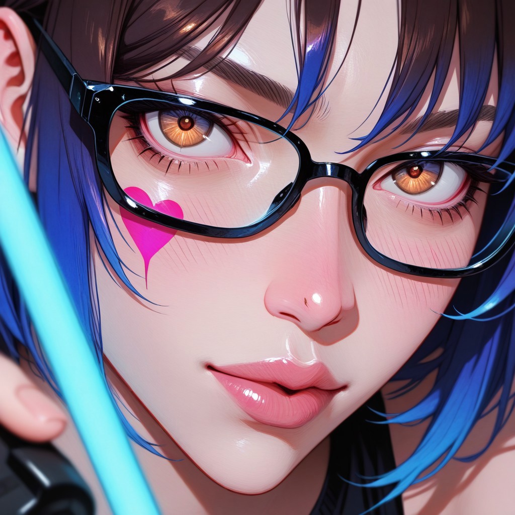 score_9, score_8, score_7, score_6, score_5, score_4, oil portrait 1girl, solo, 
Rounded face, pointy nose, big lips, nice lips, porcelain skin, cute brown eyes, big eyes, skinny, small breasts, small hips, short hair, dishelved hair, brown hair, inner blue hair, blue highlights hair, blue bangs hair, blue highlight bangs, straight hair, blue side bangs, glasses. Pink heart tattoo, pubic tattoo.
Black croptop, underboob, extremly short pants, pijama pants,, black glasses, looking at viewer, lowered pants, Expressiveh,
On gamer chair, holding game controller, blushing, head to toe view, dark game room background, monitor at background, neon
Shy face, playful, looking at viewer, 
Dynamic pose , pose, r,  dynamic angle, day, dynamic light, neon light, 
Highres, vey detailed, amazing quality, maserpiece ,very aesthetic
(realistic:1.2), (lineless:1.2), detailed, <lora:Detailer_NoobAI_Incrs_v1:0.75>, , aged up, adult, depth of field, , blurry, cheekbones, dynamic lighting