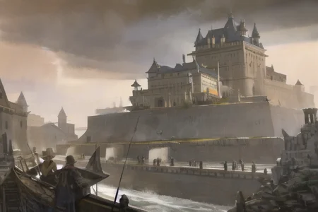 a painting of a castle with a lot of smoke coming out of it and people standing around it and a man on a boat
