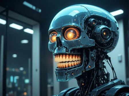 A translucent glass-headed robot, its skull completely transparent, revealing a floating set of human-like teeth that hover mid-air inside its hollow cranium. As it speaks, the teeth drift and rearrange themselves into new patterns, forming unsettlingly perfect smiles or chaotic, spiraling maws. Light bends strangely around the glass as it moves through a high-tech corporate headquarters, communicating through a voice that seems to come from everywhere and nowhere at once. Despite its lack of a tongue, it enunciates perfectly, its ever-shifting dental formations unsettling all who dare to stare too long in the style of ckcc.
<lora:ral-rbotth-flux:0.7> <lora:ck-chromatic-crusade_r1:0.8>
