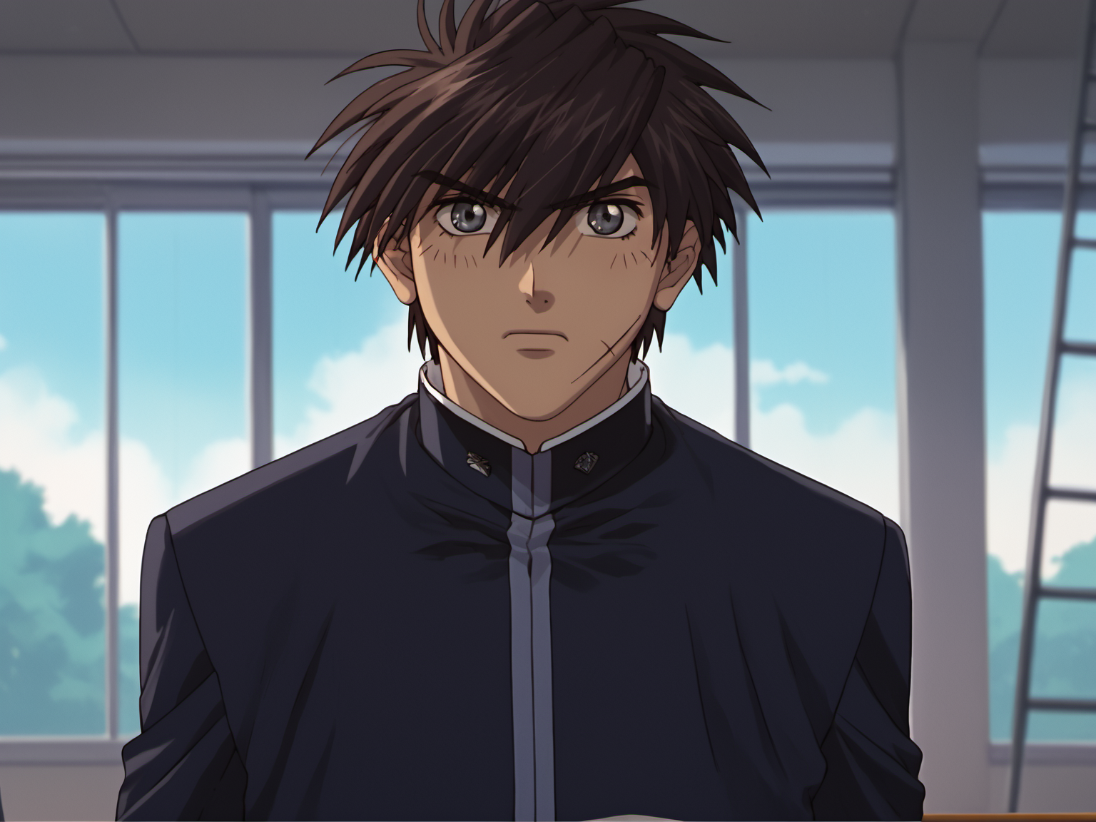 SousukeSagara, 1boy, school uniform, <lora:SosukeSagara-16-16:1>, grey eyes, score_8_up, score_7_up, scar, teenage, solo