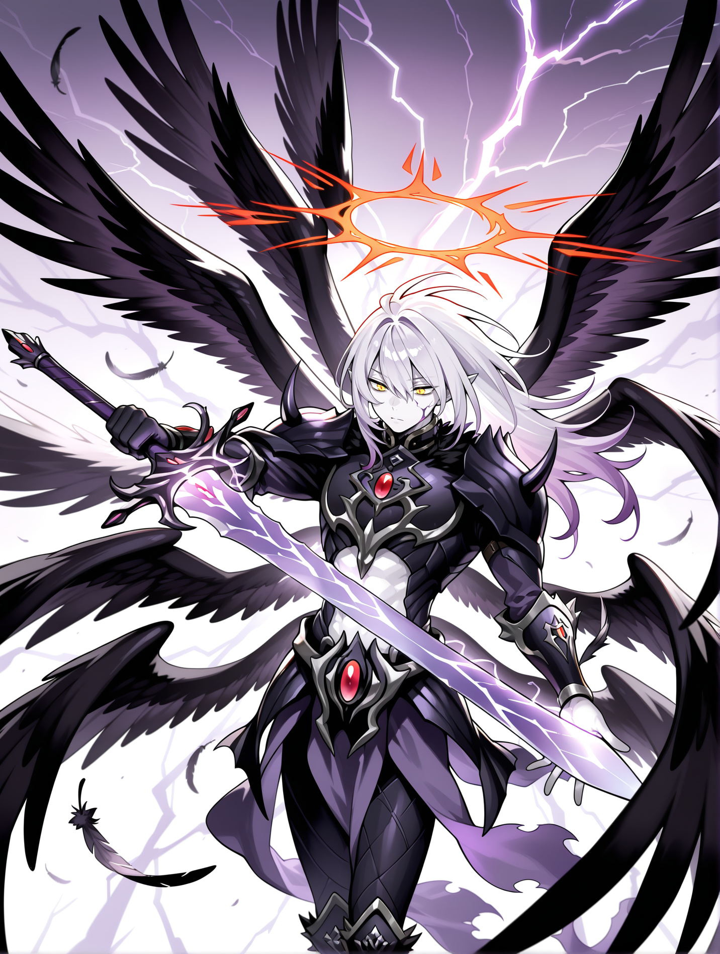 1boy, the first darklord, male focus, solo, purple sword, white skin, lightning, red halo, holding purple sword, angel, glowing, black angel wings, black armor, black breastplate, black pauldrons, black vambraces, purple pelvic curtain, multiple wings, black feather
masterpiece,best quality,amazing quality,very aesthetic,absurdres,newest,<lora:The first DarkLord illusXL v1:0.77>,<lora:wai-2Rectified-V140:0.7>,
