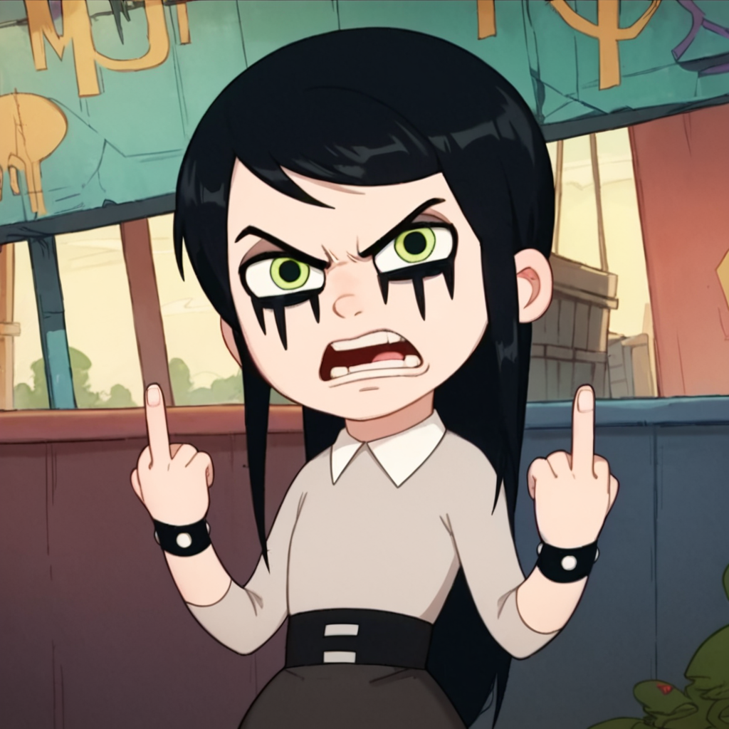 score_9, score_8_up, score_7_up, 1girl, black hair, long hair, green eyes, eyeliner, flat chest, narrow waist, looking at viewer, angry, middle finger, highres, high quality, masterpiece, <lora:Dylan_Beekler:1>
