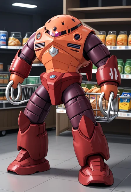 score_9, score_8_up, score_7_up, source_anime, cowboy shot, side view, BREAK, ( zgok, red_zgok_armor, pink monoeye, full body, looking at viewer, combat pose, ballast tanks on back, weathering, legs apart, 3 fingers, ) 1mech, mech focus, solo, BREAK, grocery store, pushing shopping cart