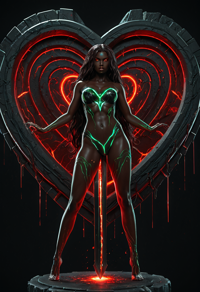 cyberpunk art theme, a heart shaped object with blood dripping from it's sides and a black background with a red light, (19:0.9090909090909091), a 3D render, David Ramsay Hay, a1bs2trac1t, background, aura, Height: Approximately 5 feet 7 inches, (170 cm:1.1), with a statuesque and elegant presence, Build: Slim and toned, with a feminine, athletic figure that conveys both her agility and strength, Hair: Long, wavy, or slightly curled auburn or deep red hair that flows freely or is styled to emphasize her dynamic and mystical persona. The rich hue of her hair adds to her fiery and intense appearance, Eyes: Hazel or green eyes that are expressive and piercing. When using her powers, her eyes often glow red, symbolizing the chaos magic she wields, Skin: Fair and flawless complexion, with a radiant, almost ethereal quality that enhances her connection to the mystical realm of the universe.,
View from above. A dark-skinned girl named Hades with long black hair and glowing green eyes is standing in front of a large red heart-shaped portal. She has a slender body with long legs and wide hips. The girl's hands are positioned near her chest and she looks up at the viewer through the portal. On the sides of the portal are two statues of women holding a sword and a shield respectively. The background is dark red with green glowing lines radiating from the portal.
 <lora:a1bs2trac1t:1>
