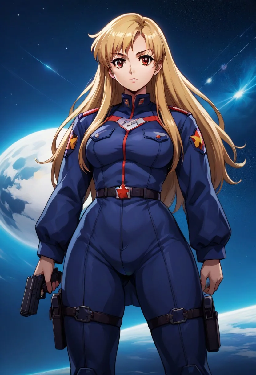 score_9, score_8_up, score_7_up,1girl, solo, red eye, cel shade adult animation,( pilote outfit inspired by : gundam, star blazer 2199 space battleship yamato,) score_9, score_8_up, score_7_up, source_anime, source_ kei yuki,source_ Space Pirate Captain Harlock; an anime style drawing of a woman with long hair and pink space pirate bodysuit, blonde hair, 1girl, long hair, retro artstyle, holster, boots, hoding, gun, space colony background, ilya kuvshinov, official art, futuristic background, colony drop background, space war background, mecha in background, fantasy background, uncensored,<lora:add-detail-xl:1>,<lora:Expressive_H-000001:0.8>
