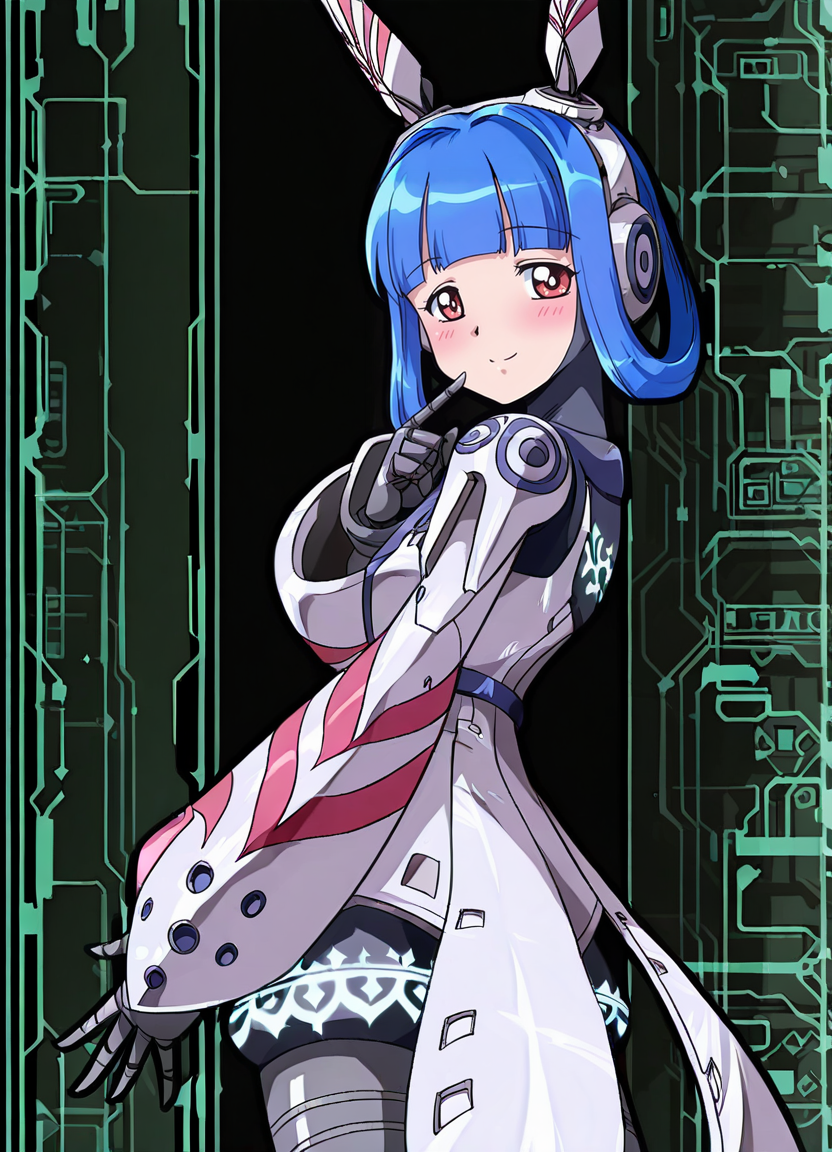 HDA_MasterpieceXL_v1.2,  <lora:Vivienne_-_Phantsy_Star_Series:1> VivianneIL, 1girl, blue hair, red eyes, armor, dress, android, robot ears, smile, blush,  HDA_Do_you_want_me_XL, circuit background