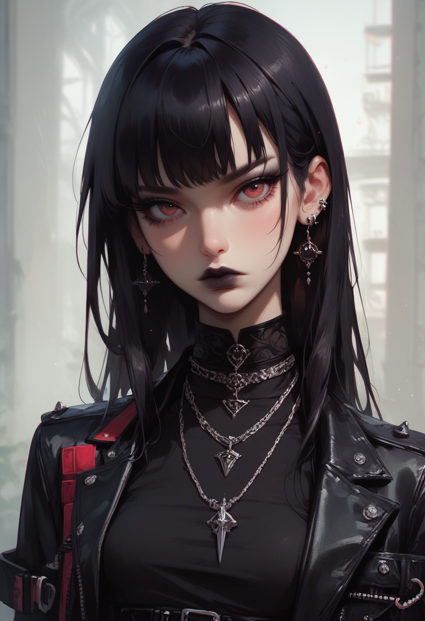 score_9, score_8_up, score_7_up, Goth girl, goth girl 1girl, 1girl,solo,long hair,looking at viewer,bangs,black hair,red eyes,gloves,jewelry,closed mouth,upper body,black gloves,fingerless gloves,necklace,,blurry,black shirt,makeup,blurry background,gothic,black lips, <lora:[GP] somethingweird [Pony XL]:0.2>, <lora:g0th1cPXL:0.3>, <lora:Concept Art Twilight Style SDXL_LoRA_Pony Diffusion V6 XL:0.8>,   <lora:gg3:0.8>