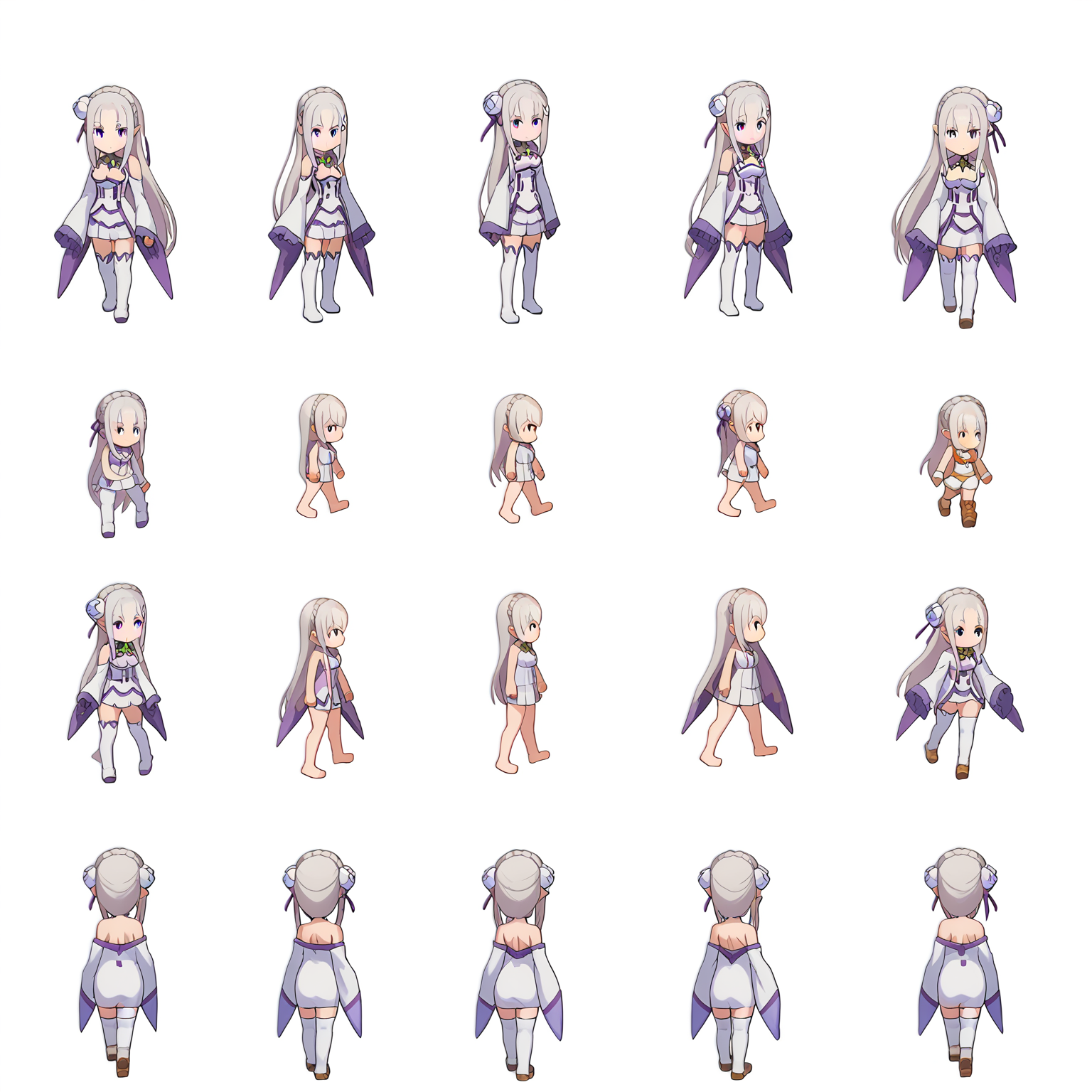 score_9, score_8_up, score_7_up, source_anime,
BREAK
 <lora:shiSpriteTestPart30:1.0>, sprite sheet, simple background, white background, chibi, multiple views, 
1girl, solo, anime screencap, anime coloring, 
<lora:shiEmiliaV2:1> shimilia, long hair, grey hair, purple eyes, pointy ears, crown braid, hair flower, hair ribbon, purple ribbon, x hair ornament, white dress, cleavage, bare shoulders, wide sleeves, white thighhighs, thigh boots,
