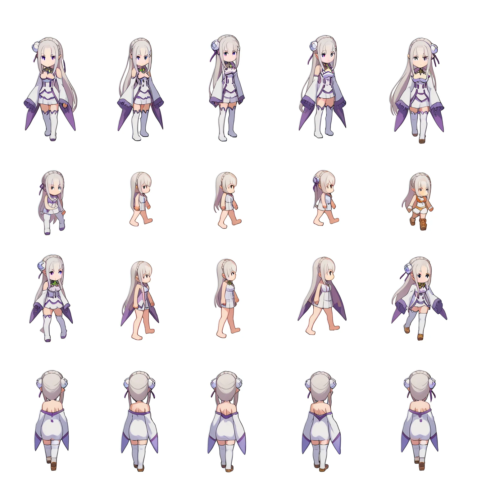 score_9, score_8_up, score_7_up, source_anime,
BREAK
 <lora:shiSpriteTestPart30:1.0>, sprite sheet, simple background, white background, chibi, multiple views, 
1girl, solo, anime screencap, anime coloring, 
<lora:shiEmiliaV2:1> shimilia, long hair, grey hair, purple eyes, pointy ears, crown braid, hair flower, hair ribbon, purple ribbon, x hair ornament, white dress, cleavage, bare shoulders, wide sleeves, white thighhighs, thigh boots,