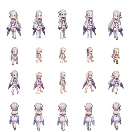 score_9, score_8_up, score_7_up, source_anime,
BREAK
<lora:shiSpriteTestPart30:1.0>, sprite sheet, simple background, white background, chibi, multiple views,
1girl, solo, anime screencap, anime coloring,
<lora:shiEmiliaV2:1> shimilia, long hair, grey hair, purple eyes, pointy ears, crown braid, hair flower, hair ribbon, purple ribbon, x hair ornament, white dress, cleavage, bare shoulders, wide sleeves, white thighhighs, thigh boots,
