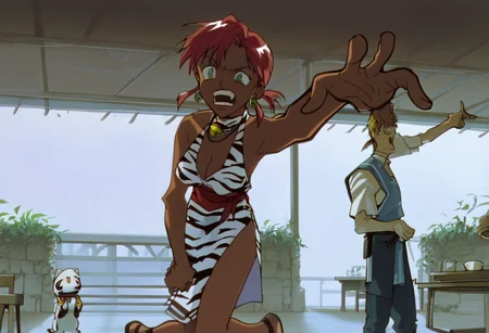 score_9, score_8_up, score_7_up, score_6_up, Masterpiece, source_anime screenshot, duo, 1 girl, 1 boy, vivid colors, full color, shiny and glossy, anime style, high-res, beautiful aesthetic, very intricate, high-quality details, vibrant, highly detailed, award-winning, professional, <lora:pink-ponyxl-v2:1>, 1 girl, single fang showing, sleeveless dress, white tiger print dress, pelvic curtain, cleavage, white cat ears, cat bell necklace, bright pink hair, long hair, darkly tanned, white tiger tail, red sash, medium breasts, leather shoes, detailed eyes, green eyes, detailed face, break, <lora:link:1> 1boy, link1, link, pointy ears, blonde hair, blue eyes, medium hair, side locks, earrings, short ponytail, blue hylian tunic, break, pink and link pointing guns, pink yelling, robbing a cafe, <lora:clean90sanime_pony11:1>