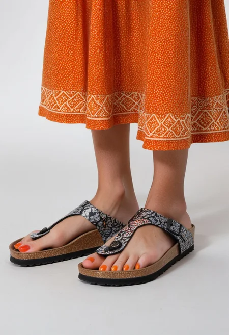 photograph of woman's feet wearing sandals, 1girl, solo, dynamic_pose, simple_background, white_background, gizehonfeet, (orange toenail_polish), (close-up:0.5), lower_body, footwear_focus, patterned long_skirt