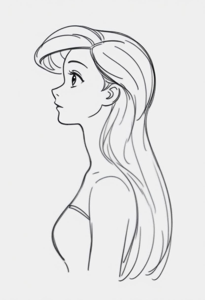 1girl, upper body, Ariel,   ((solo)), from side, profile sketch, Minimalism, Greyscale, Stylized